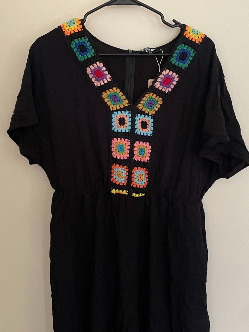 BloomChic Colorful Crochet Neckline Plain Jumpsuit Boho